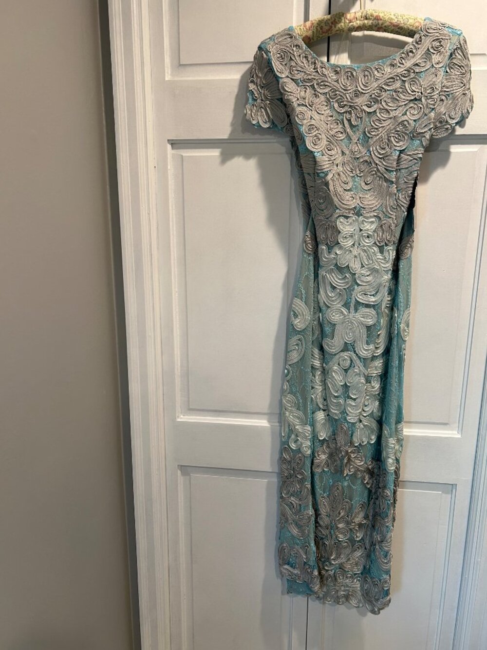 JS COLLECTIONS SOUTACHE LACE MIDI blues/taupeDRESS sz 4